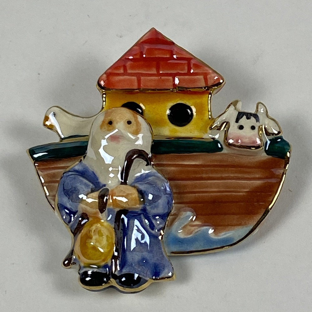 Art To Wear ExClaymations Noahs Ark Ceramic Clay Pin 22k Gold Trim Handcrafted